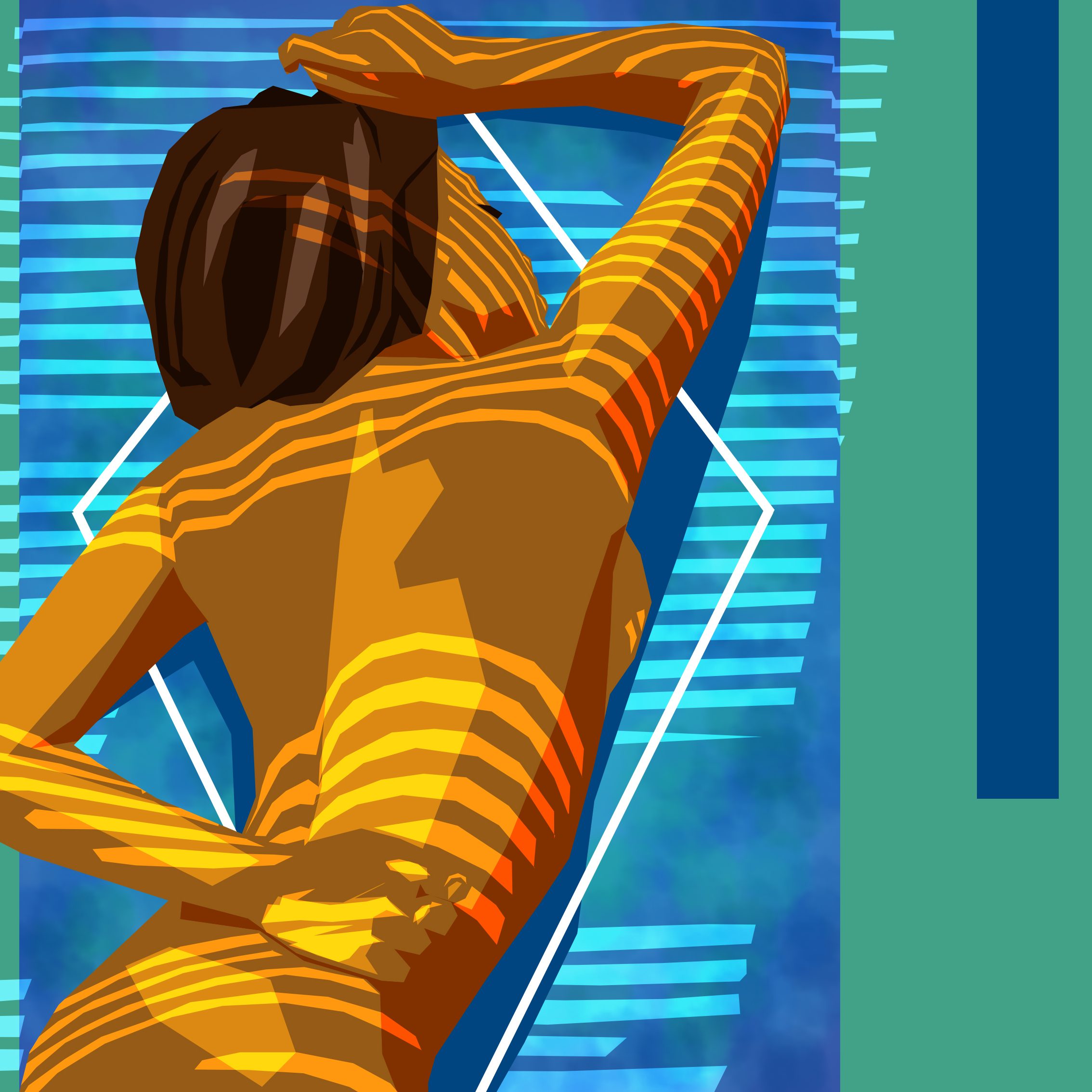 Digital illustration of a woman laying face down, with a pattern on her back made from sunlight coming through the blinds.