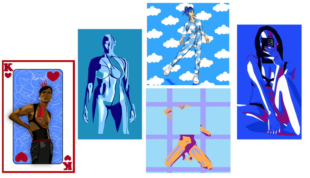 A collective of digital illustrations with a bright blue aesthetic.