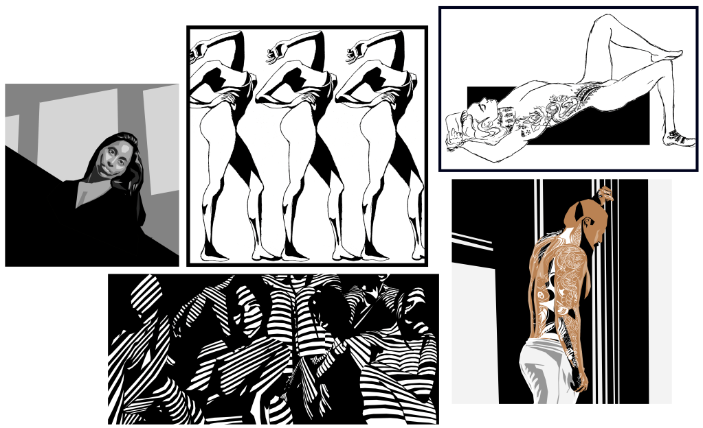 A collective of digital illustrations with a monochrome aesthetic.