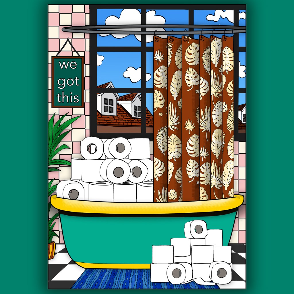 Coloured in page from the House of Quarantine colouring book. The scene is set in a bathroom with the bathtub overflowing with toilet rolls.