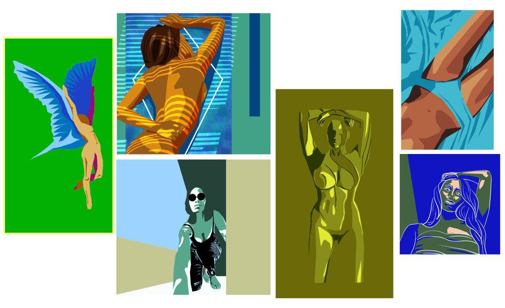 A collective of digital illustrations with a green aesthetic.