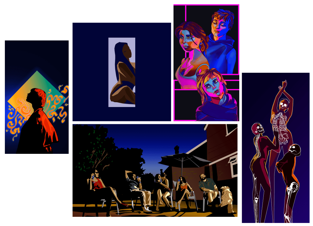 A collective of digital illustrations with a midnight blue aesthetic.